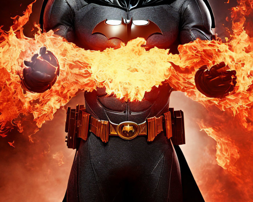 Superhero in Black Costume with Fire Hands and Bat Emblem