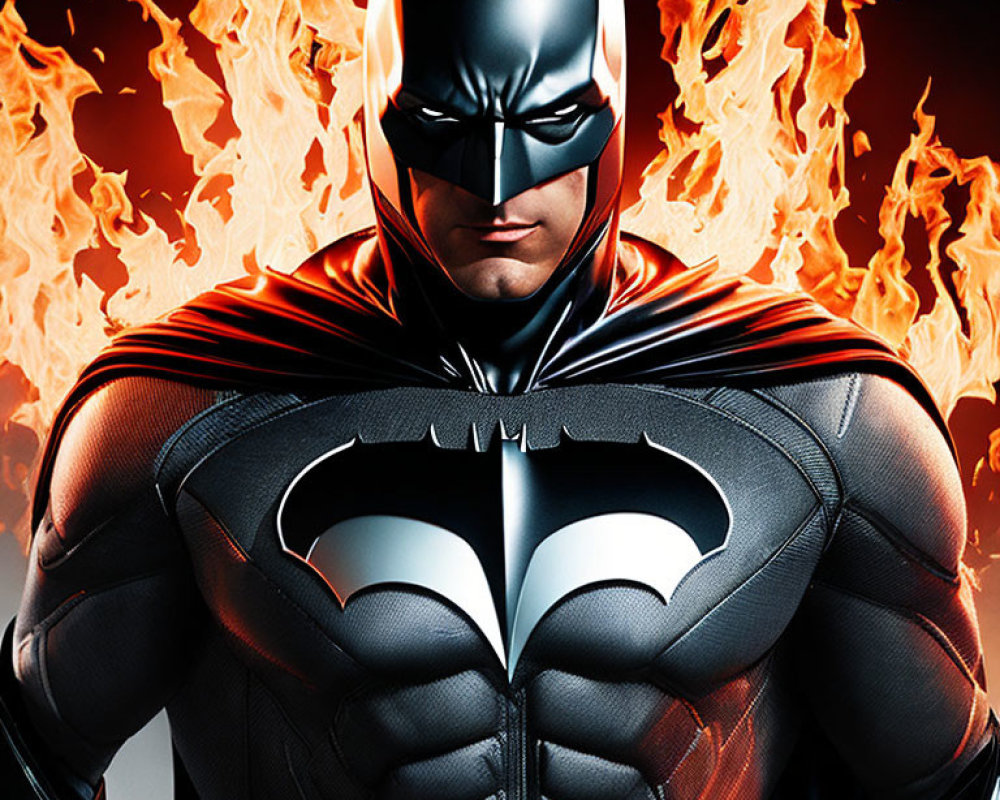 Costumed superhero with bat emblem in flames backdrop