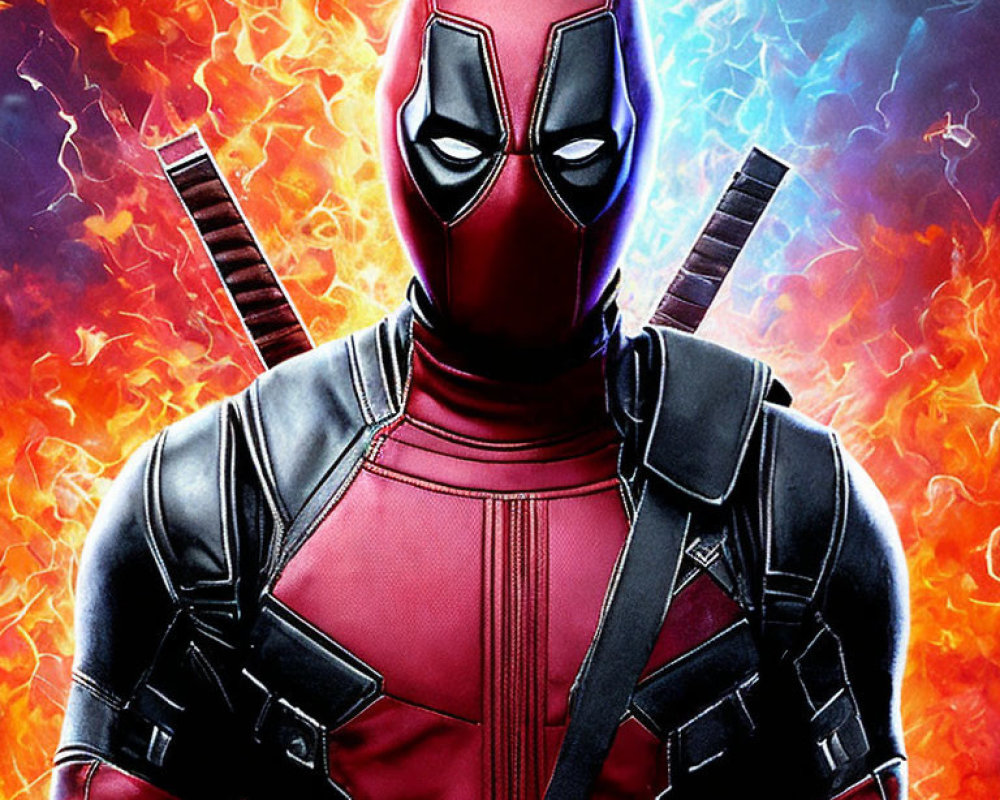 Superhero in Red and Black Costume with Dual Swords on Fiery Background