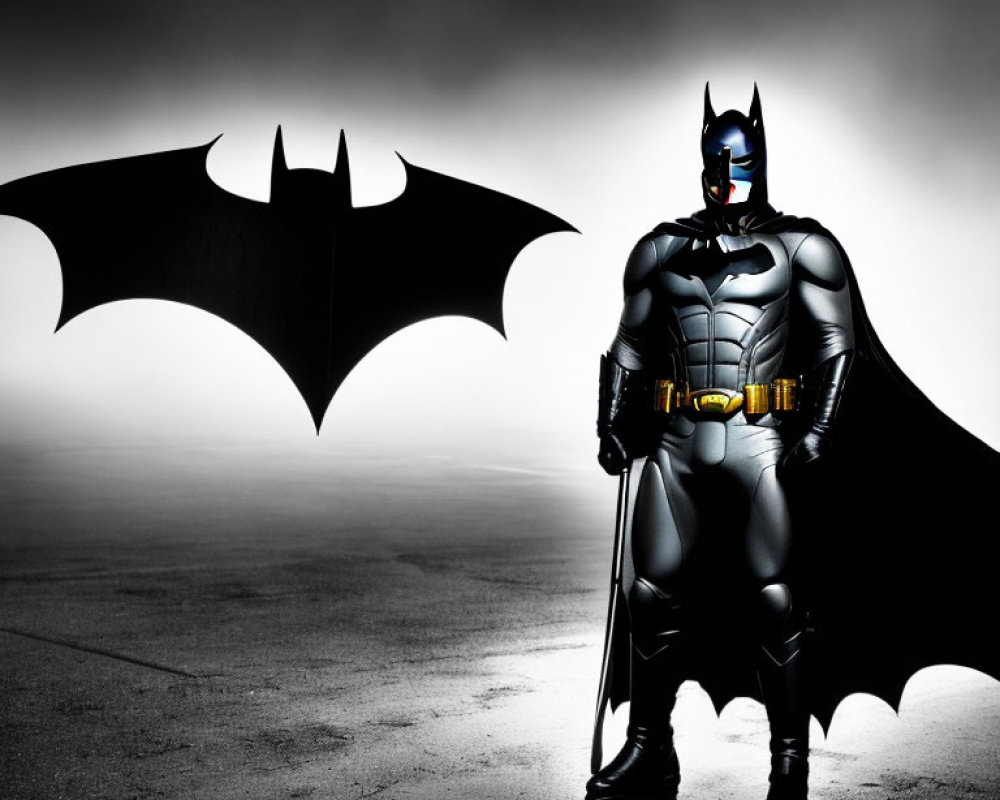 Person in Batman costume in dimly lit setting with Bat symbol in background