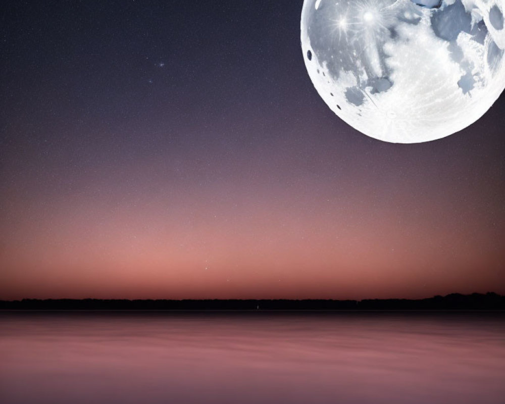 Detailed Moon Over Tranquil Water in Twilight Nightscape