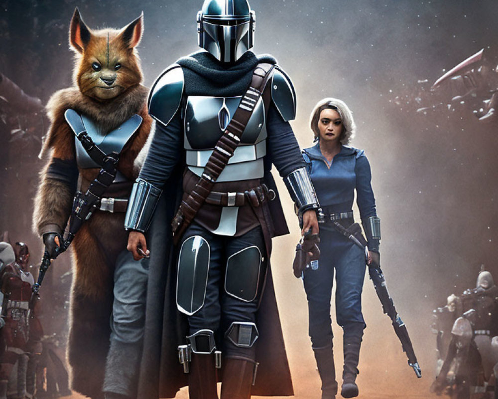 Sci-fi characters in Mandalorian armor with white-haired companion and fox-like creature in space battle.