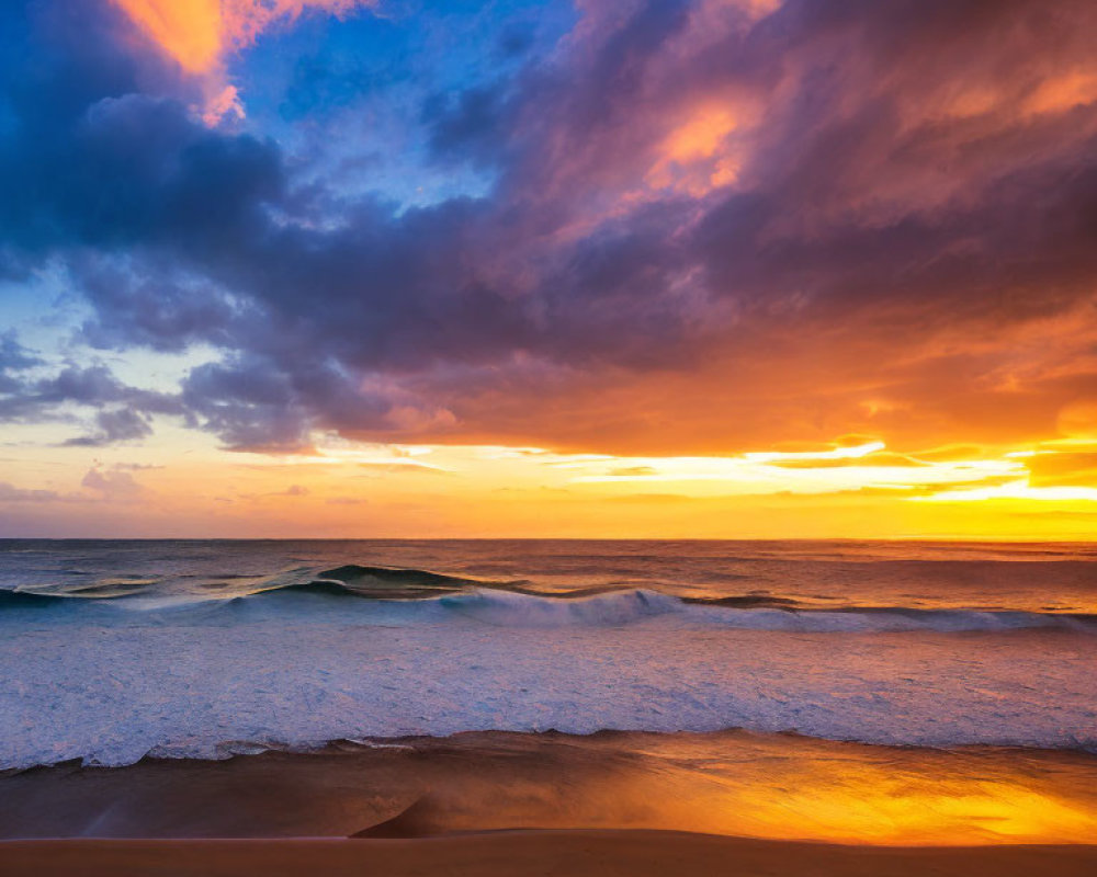 Vibrant Beach Sunset with Purple Clouds and Golden Horizon