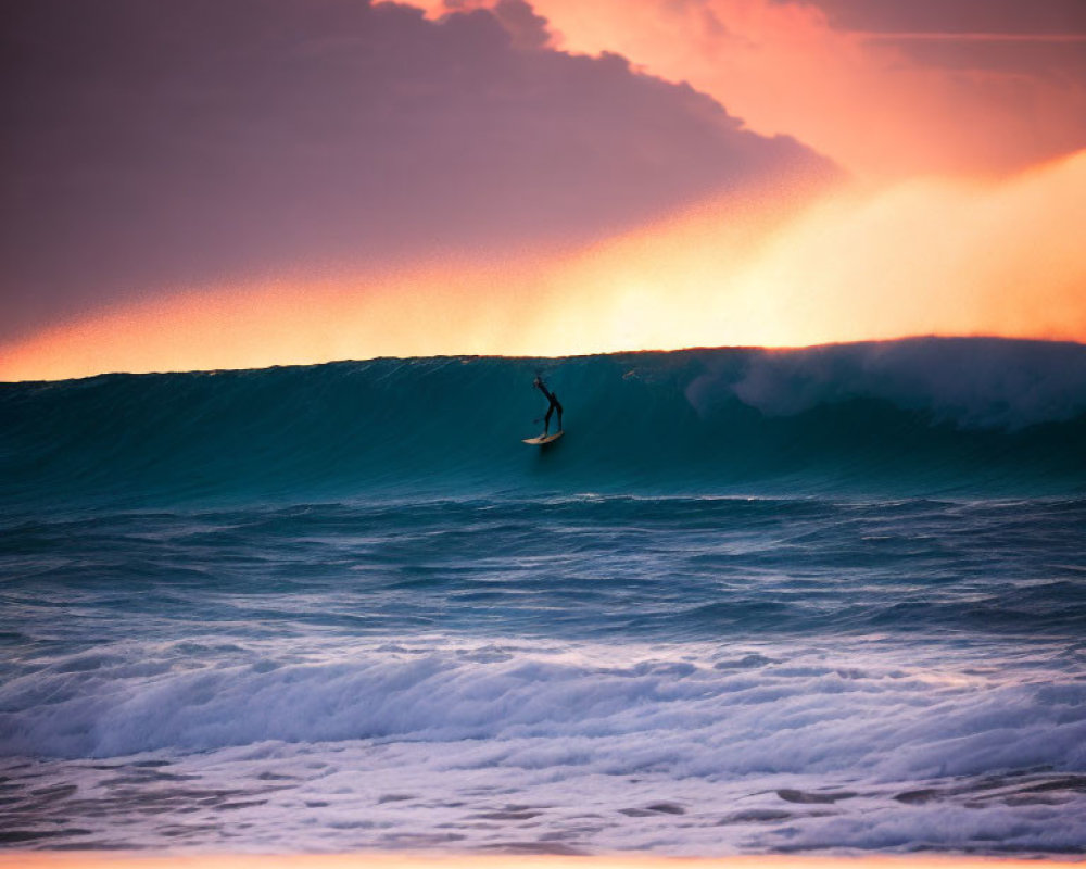 Silhouette of person paddleboarding on wave at vibrant sunset