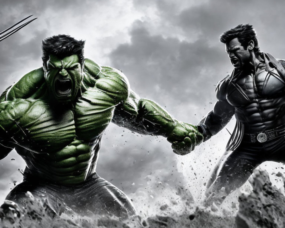 Muscular superheroes in green and metal suits face off in stormy backdrop