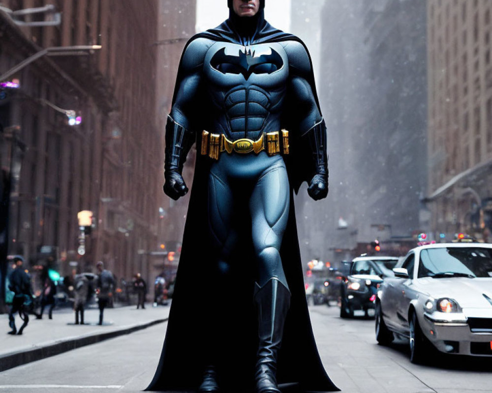 Person in Batman costume stands in snowy city street among pedestrians and cars