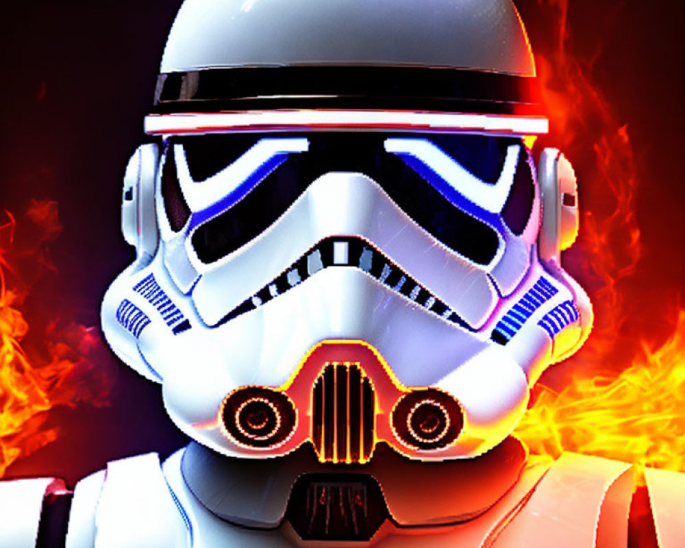 Stormtrooper Helmet with Red Glowing Visor Against Fiery Background