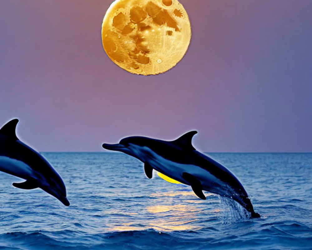 Dolphins leaping over ocean under full moon at twilight