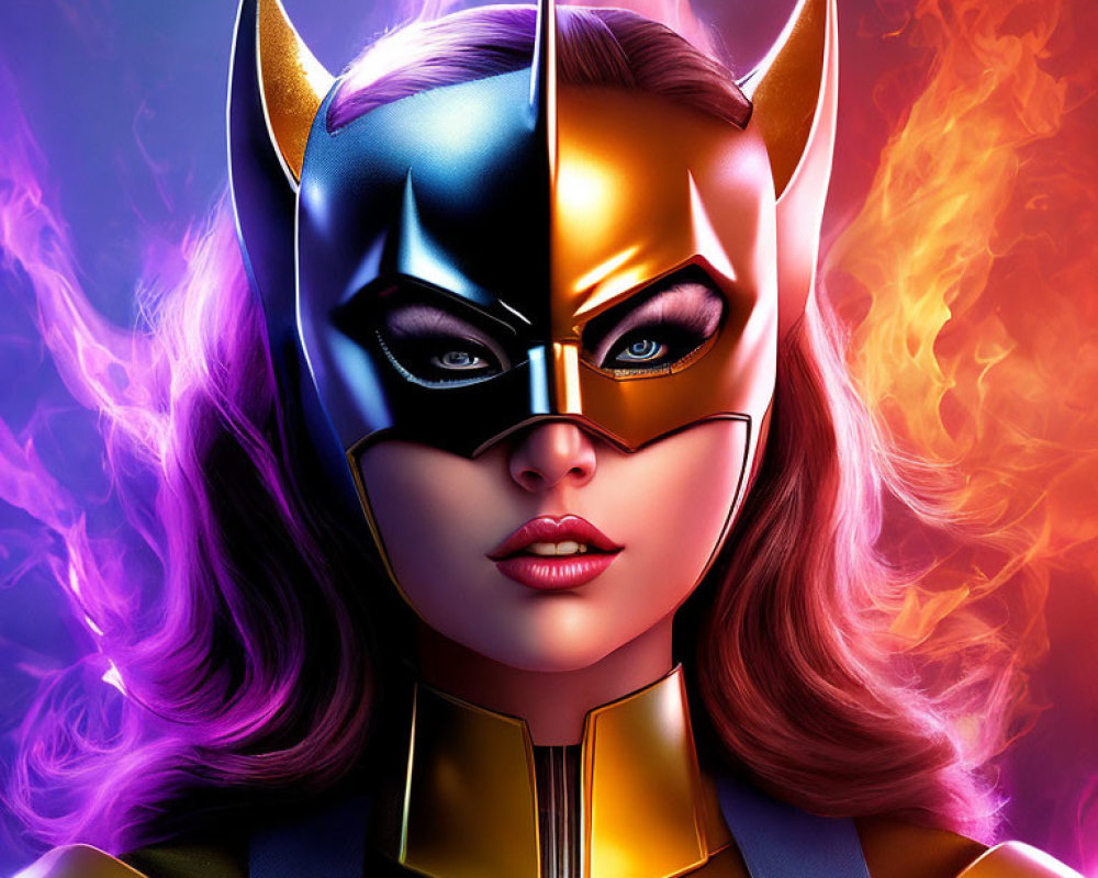 Female Superhero Illustration: Cowl, Mask, Bat-like Ears, Fiery Background