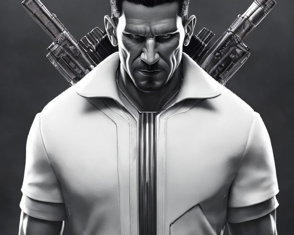 Animated character in white jacket with futuristic guns on back