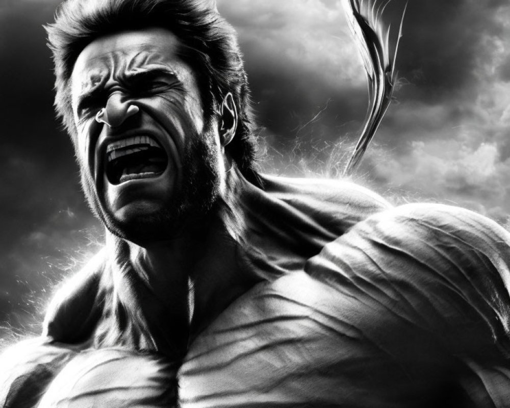 Monochrome illustration of muscular man with wild, animalistic vibe