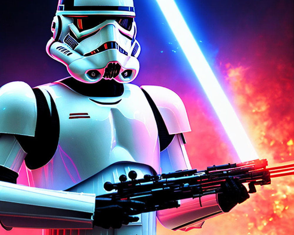 Stormtrooper with blaster rifle in vibrant space scene