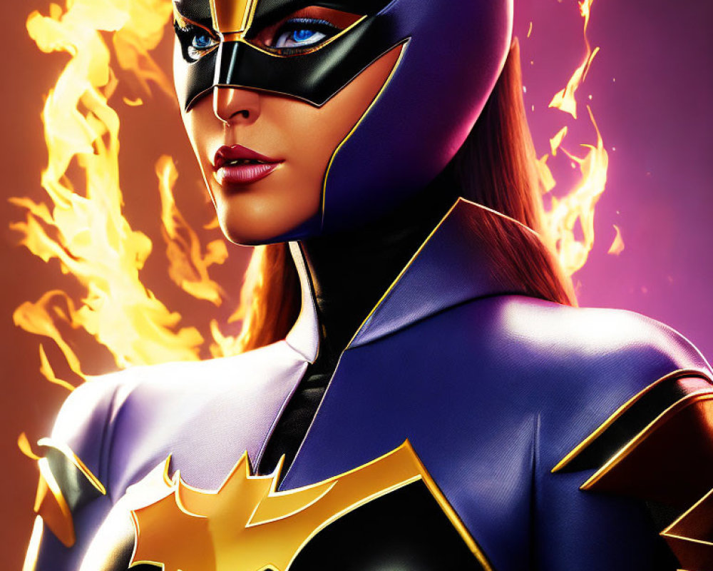 Superheroine with black and gold mask and bat emblem in fiery backdrop