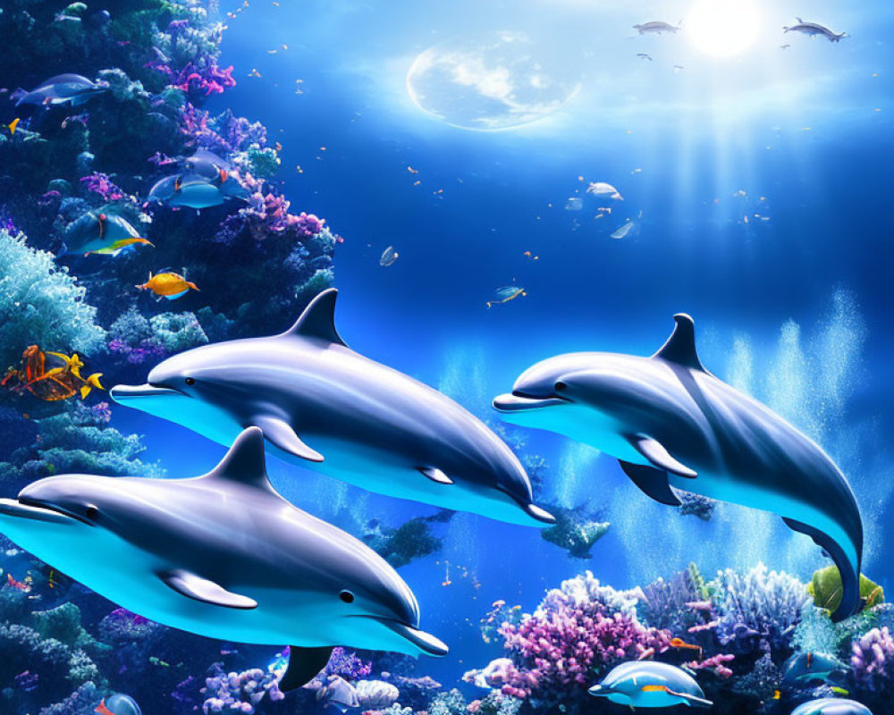 Vibrant coral reef with colorful fish and three dolphins swimming.