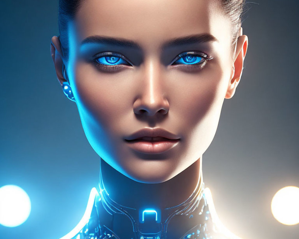 Futuristic female robot with glowing blue eyes on cool blue backdrop