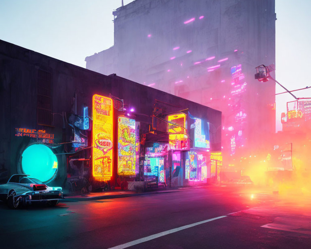 Neon-lit urban street at dusk with classic car and glowing signs