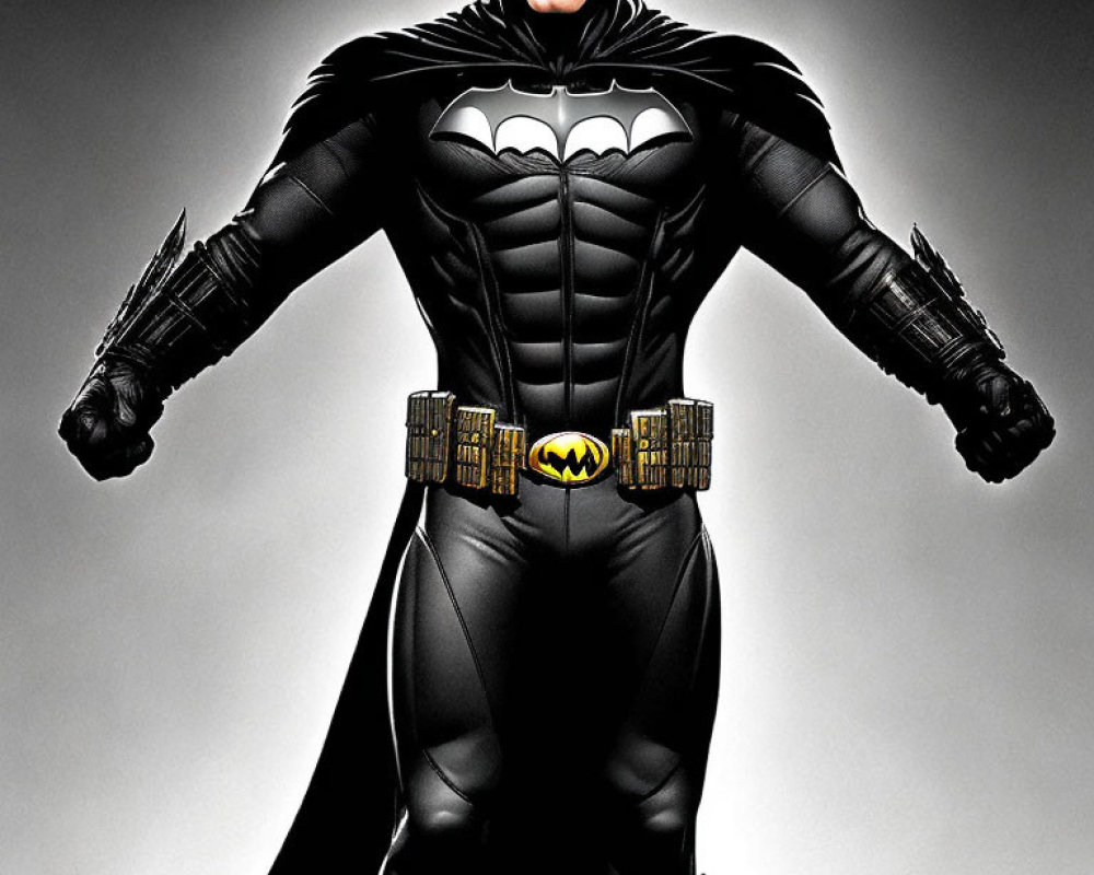 Person in Batman costume with black cape and cowl standing confidently