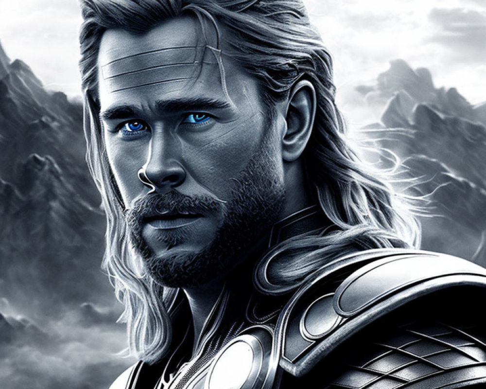 Monochromatic male superhero with long blond hair and futuristic armor on cloudy background