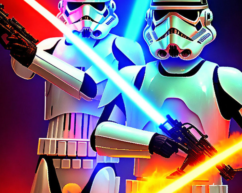 Stormtroopers with blasters and lightsabers on red and blue backdrop