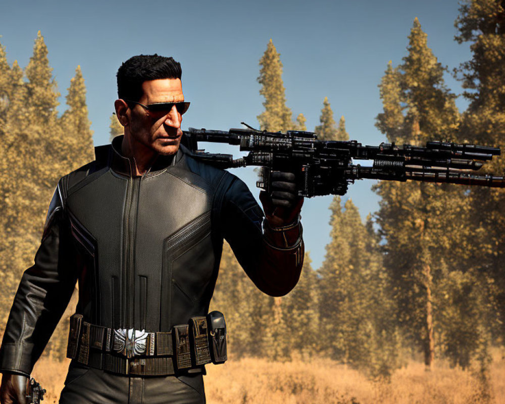 Male character in tactical outfit with rifle in forest setting