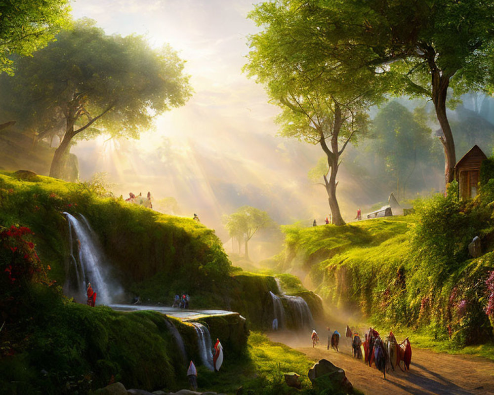 Tranquil fantasy landscape with waterfalls, travelers, lush greenery