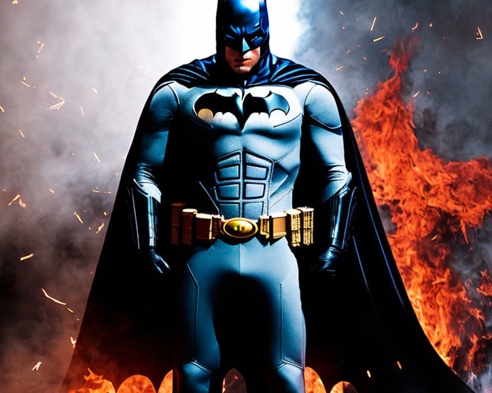 Person in Batman costume with intense gaze in fiery backdrop