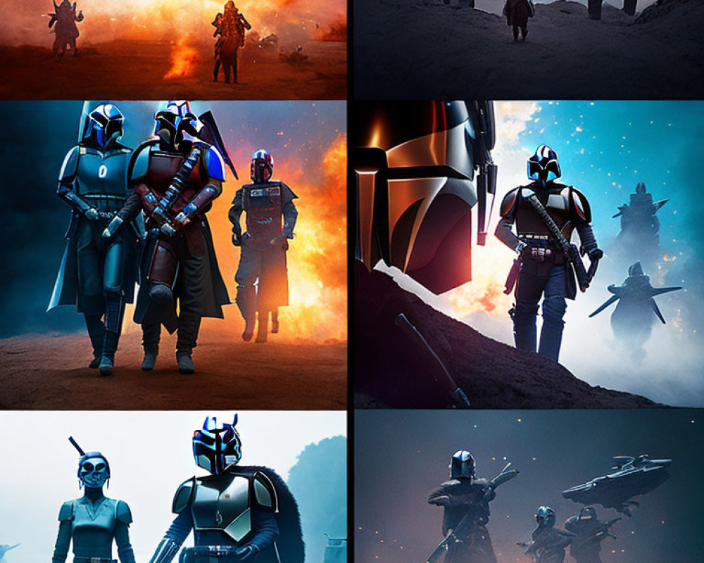 Armored characters in dramatic scenes with orange and blue lighting