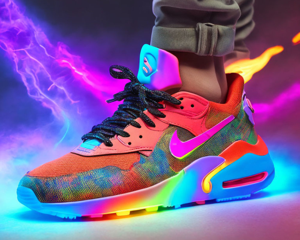 Colorful Neon Sneakers on Feet with Dynamic Lighting Effects