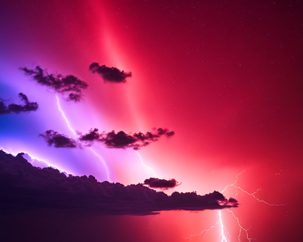 Vibrant Purple and Pink Auroras with Lightning in Night Sky