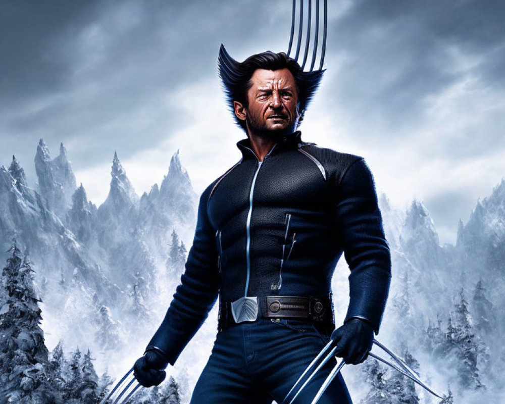 Muscular character with metal claws in snowy mountain landscape