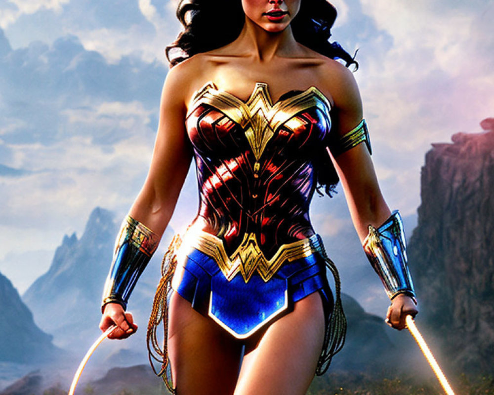 Female superhero in red, gold, and blue costume with lasso, against mountain backdrop