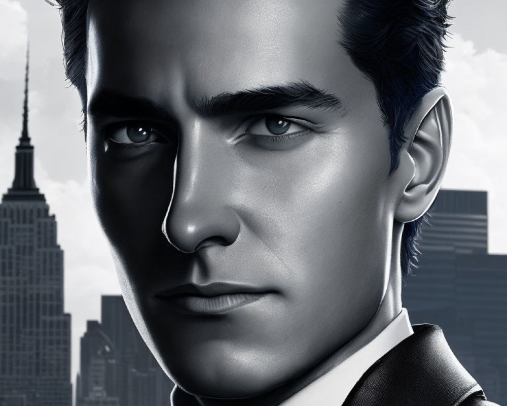 Stylized man with dark hair and blue eyes in suit with skyscrapers.