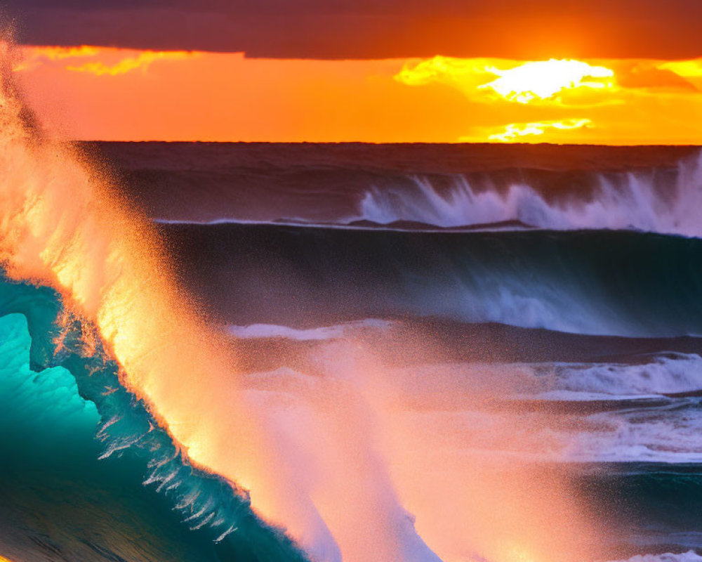 Colorful Ocean Wave Cresting at Sunset with Orange and Blue Tones