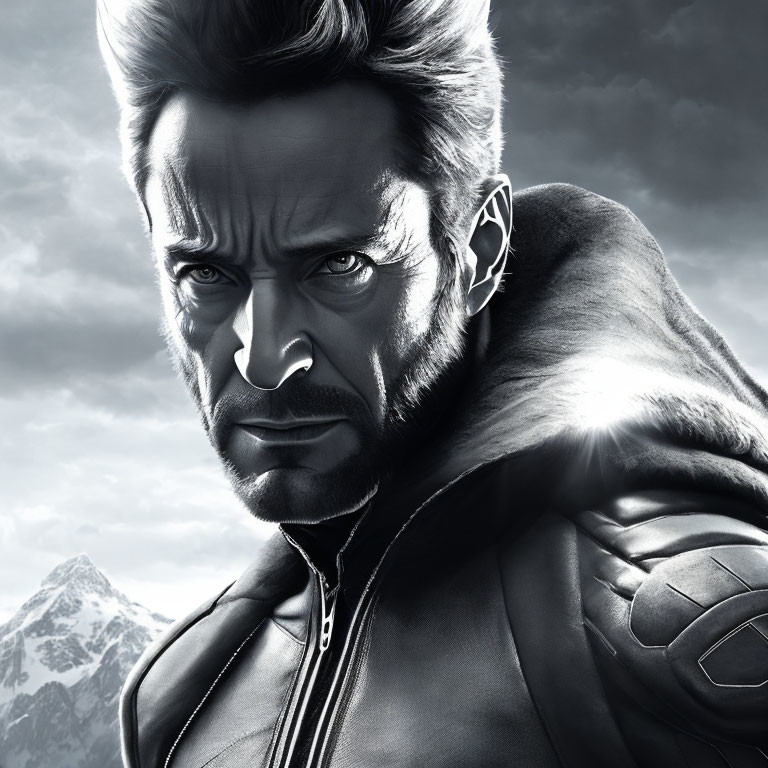 Intense male character with stubble in black leather outfit against mountainous backdrop