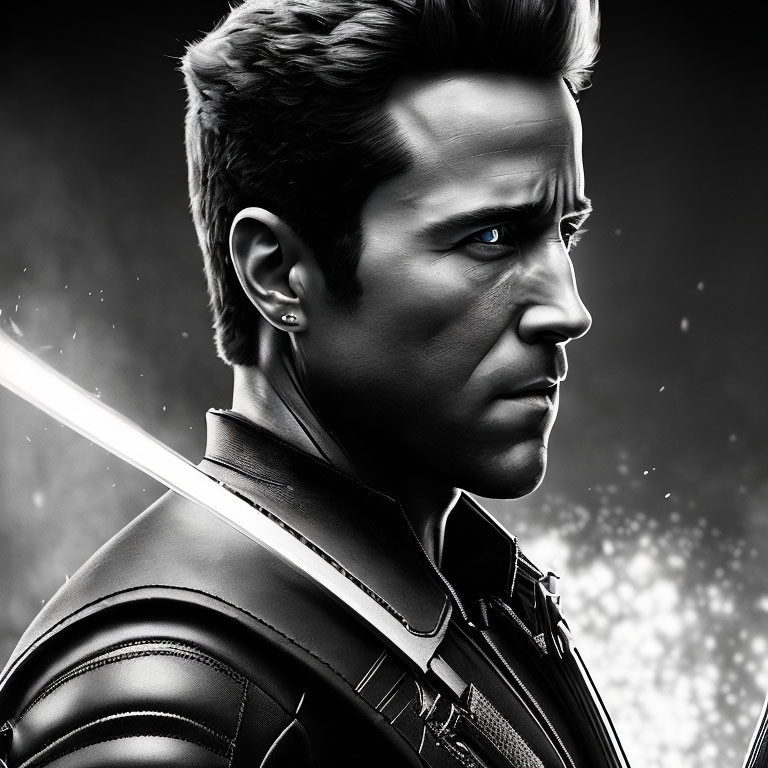 Monochrome digital artwork of a male superhero with glowing sword