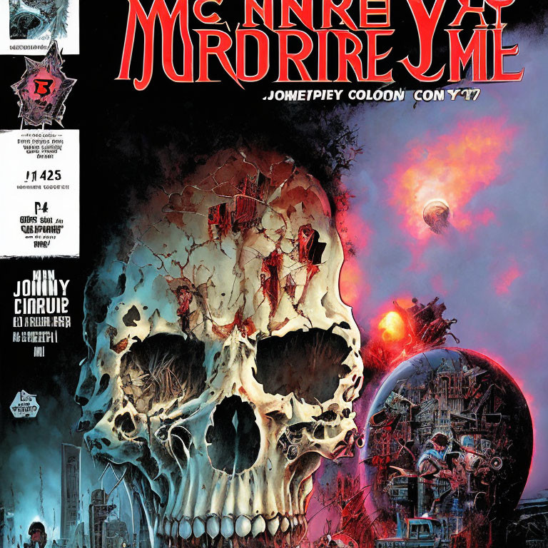 Comic Book Cover Featuring Skull Imagery, Cityscapes, Destruction, Celestial Bodies