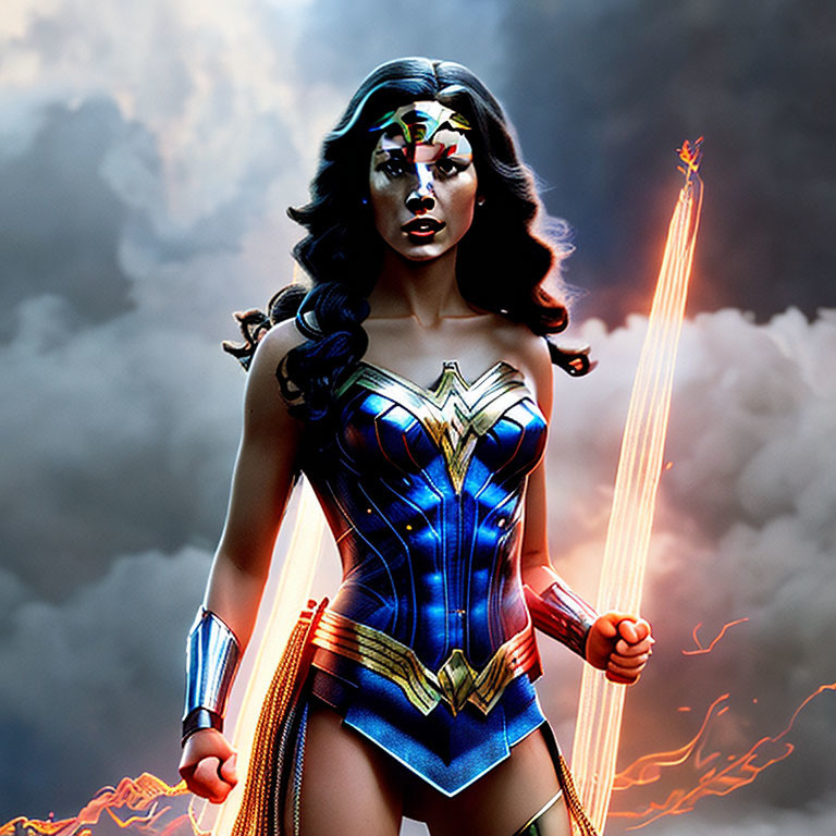 Female superhero in red and blue suit with tiara and lasso against stormy sky