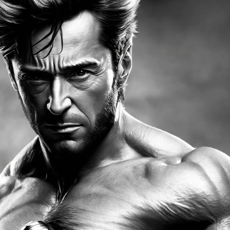 Muscular male character with beard and windswept hair in grayscale illustration