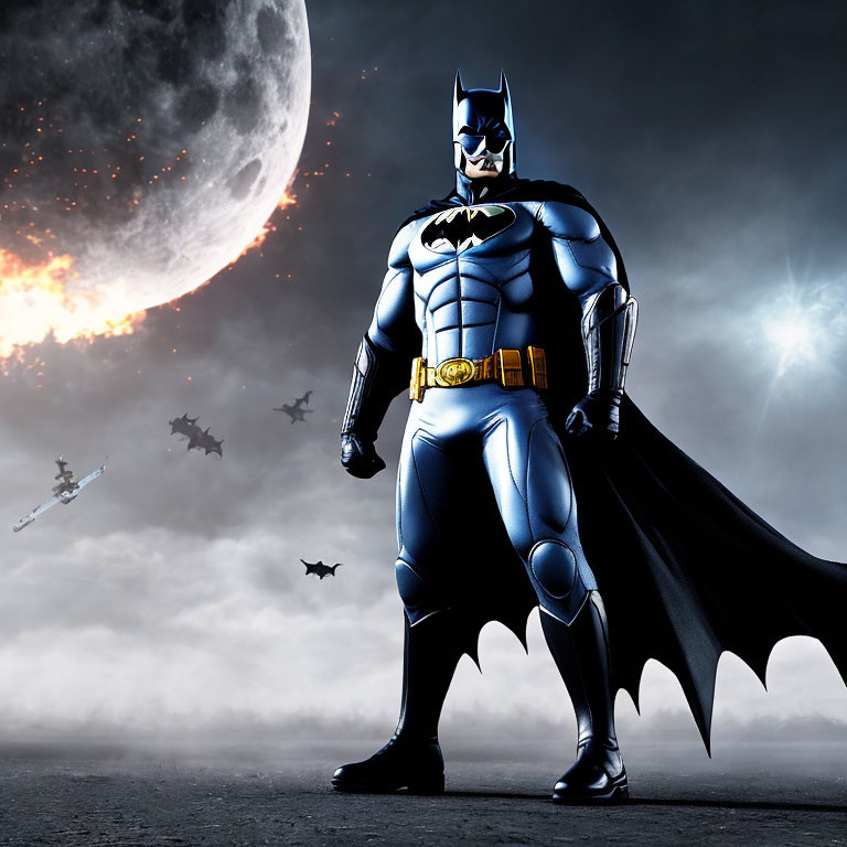 Moonlit superhero with cape and mask under night sky with bats and jet silhouettes