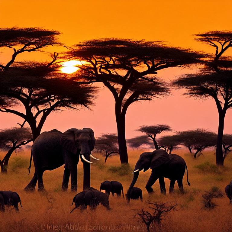 Elephants walking under vibrant orange savanna sunset