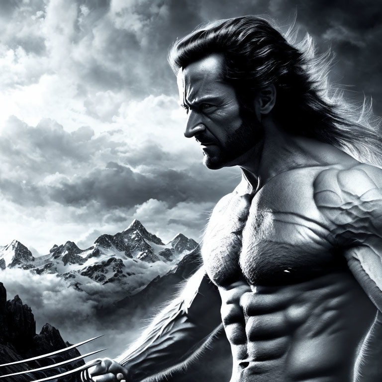 Monochrome illustration of muscular man with claws against mountainous backdrop