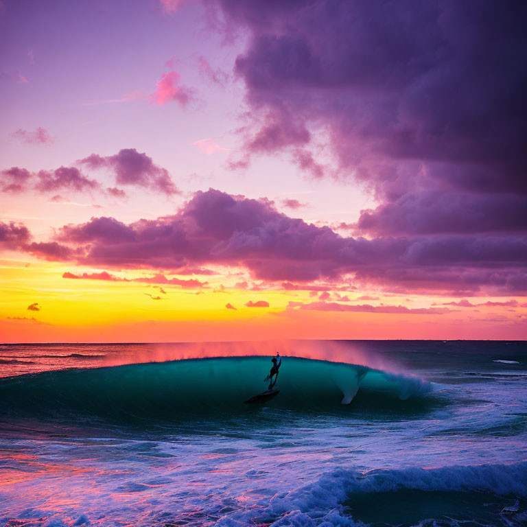 Surfer riding large wave at sunset with vibrant purple and orange skies