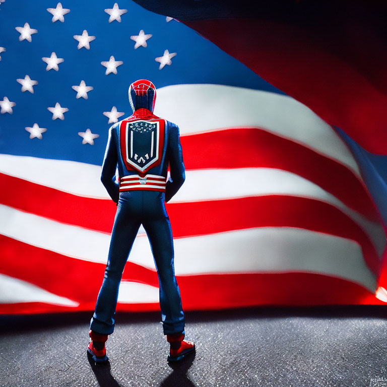 Person in Spider-Man costume with American flag motif in front of waving flag