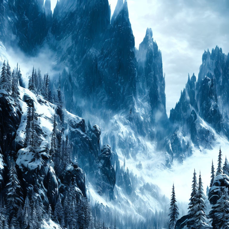 Snow-covered mountains and misty winter landscape with evergreen trees