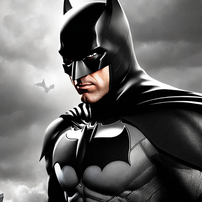 Close-Up of Batman in Iconic Suit and Cowl Against Cloudy Sky