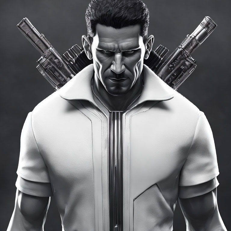 Animated character in white jacket with futuristic guns on back