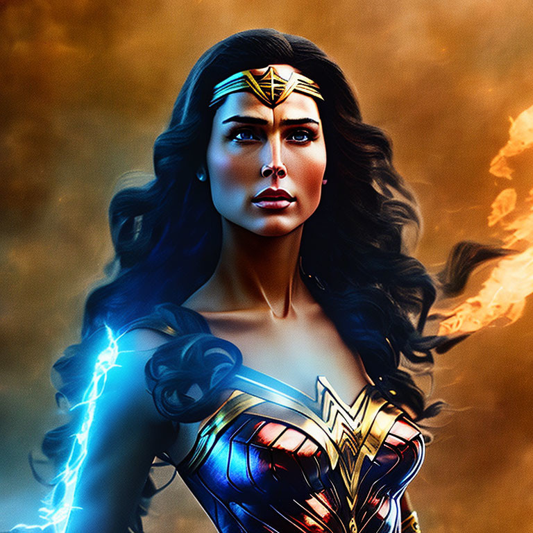 Female superhero with dark hair, golden tiara, armor, lightning, flames, fierce gaze