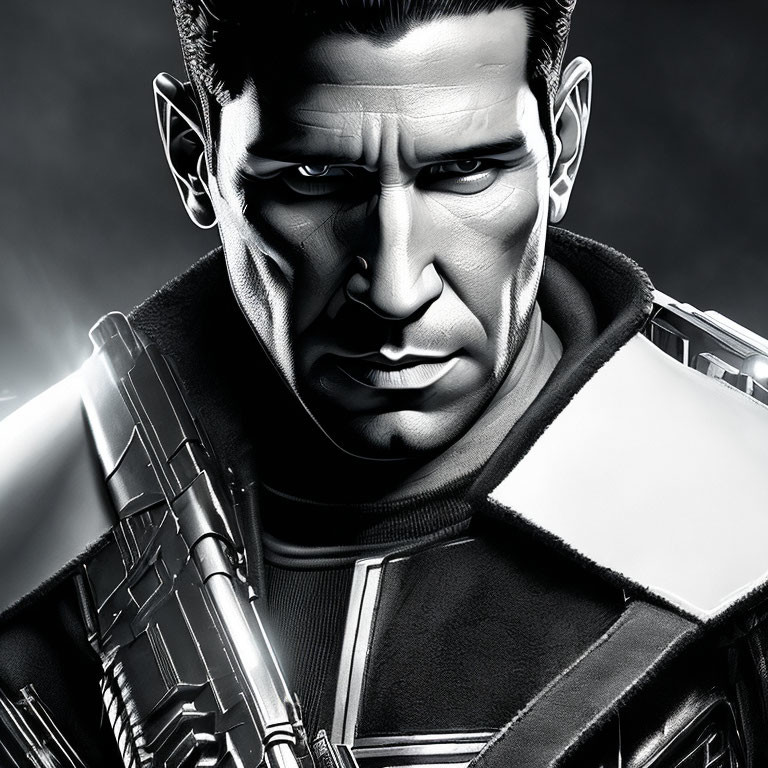 Detailed digital artwork of stern male character with futuristic rifle in armored suit.