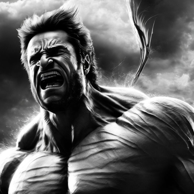 Monochrome illustration of muscular man with wild, animalistic vibe