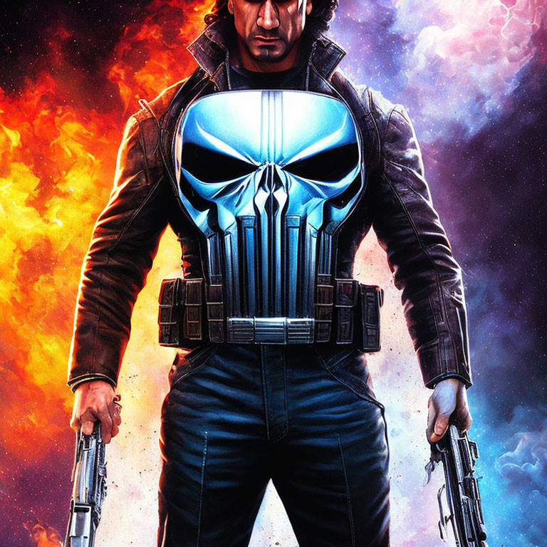 Illustration of person in leather jacket with skull emblem, holding guns, in cosmic setting